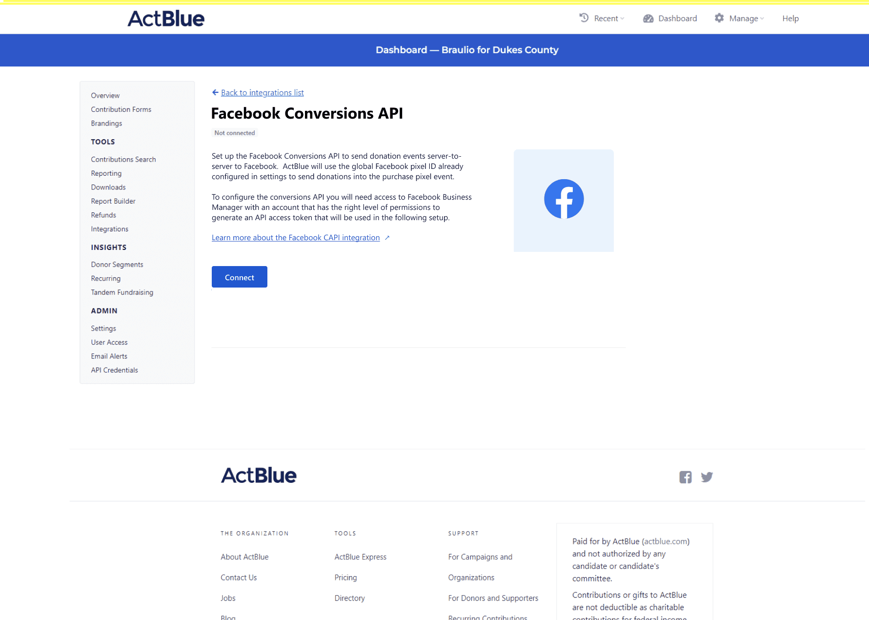 ActBlue Meta Pixel and Conversions API configuration screen