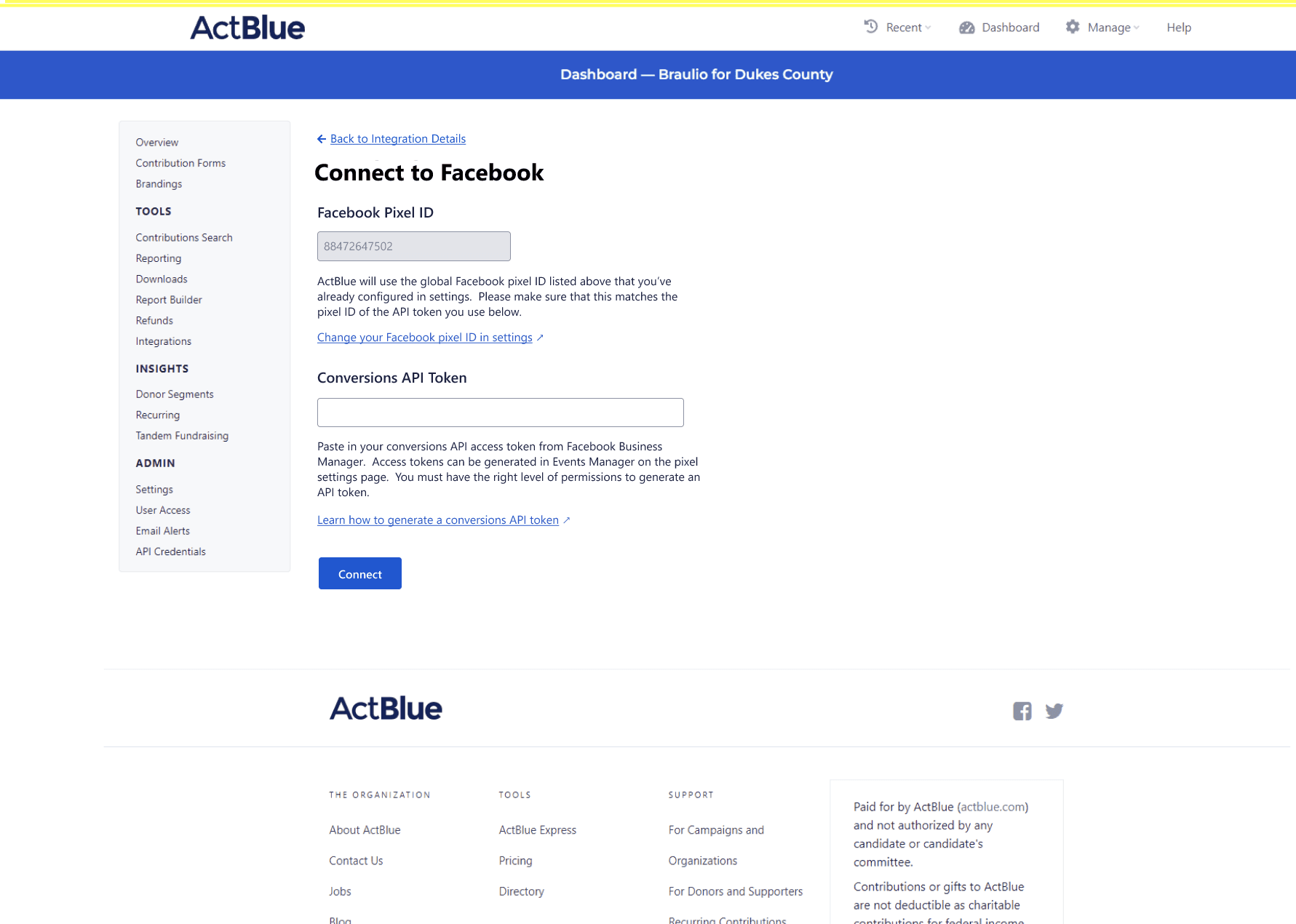 ActBlue Meta integration event mapping and forwarding screen